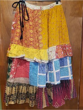 Bohemian Patchwork Multicolor Ruffle Tiered Kantha Skirt